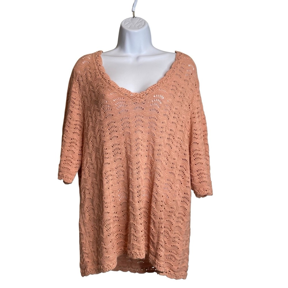 FAT FACE Peach Crochet 100% Cotton Tunic Sweater‎ Top Size 14 Coastal-Chic Flowy